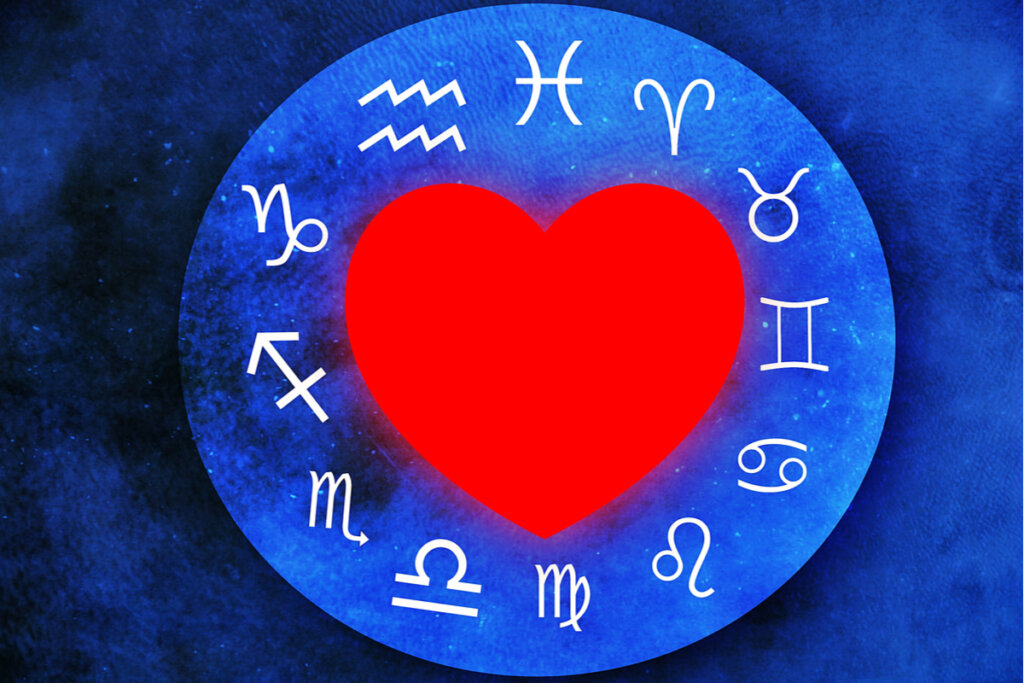 Ilustração de um circulo com os 12 signos do zodíaco e um coração vermelho no meio