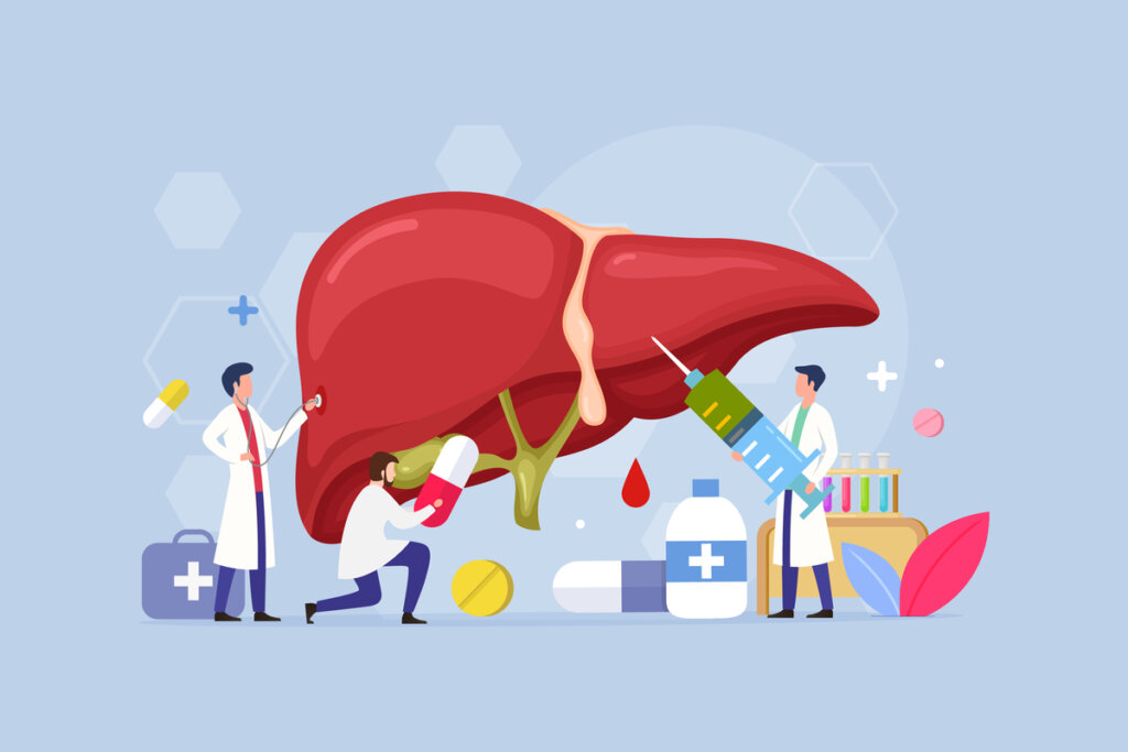 Ilustração de médicos cuidado de um fígado