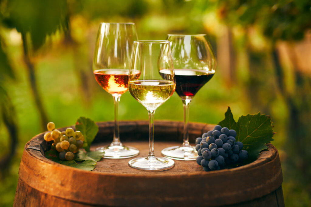 Três taças de vinho branco, rose e tinto em cima do barril e uvas ao lado