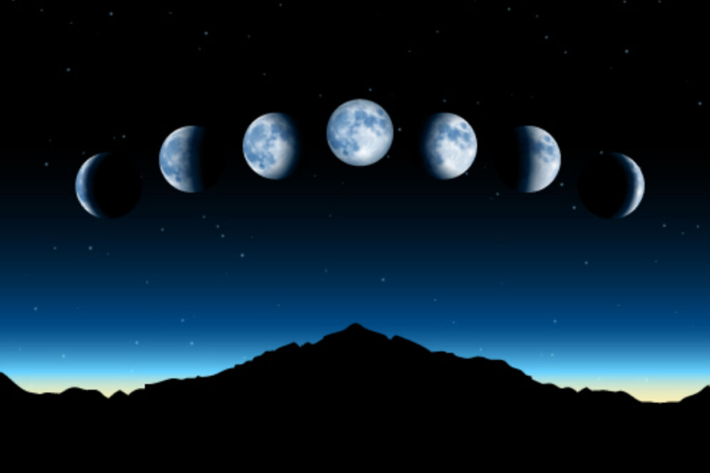 Ilustração do cliclo lunar em cima de uma montanha