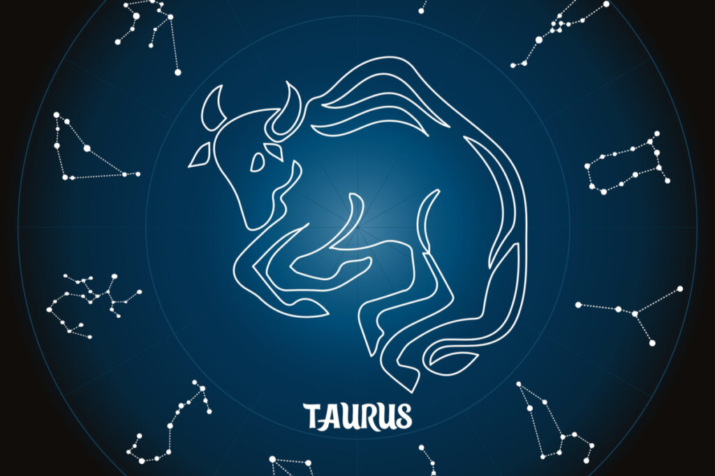 Símbolo do signo de Touro e constelações ao redor no fundo azul