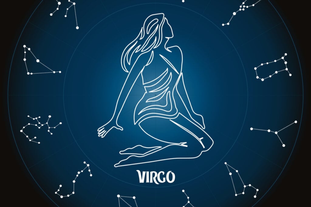 Símbolo do signo de Virgem e constelações ao lado no fundo azul
