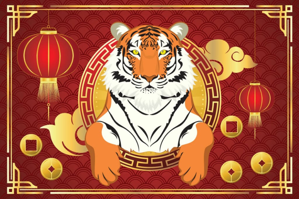 Ilustração de um Tigre em um fundo vermelho