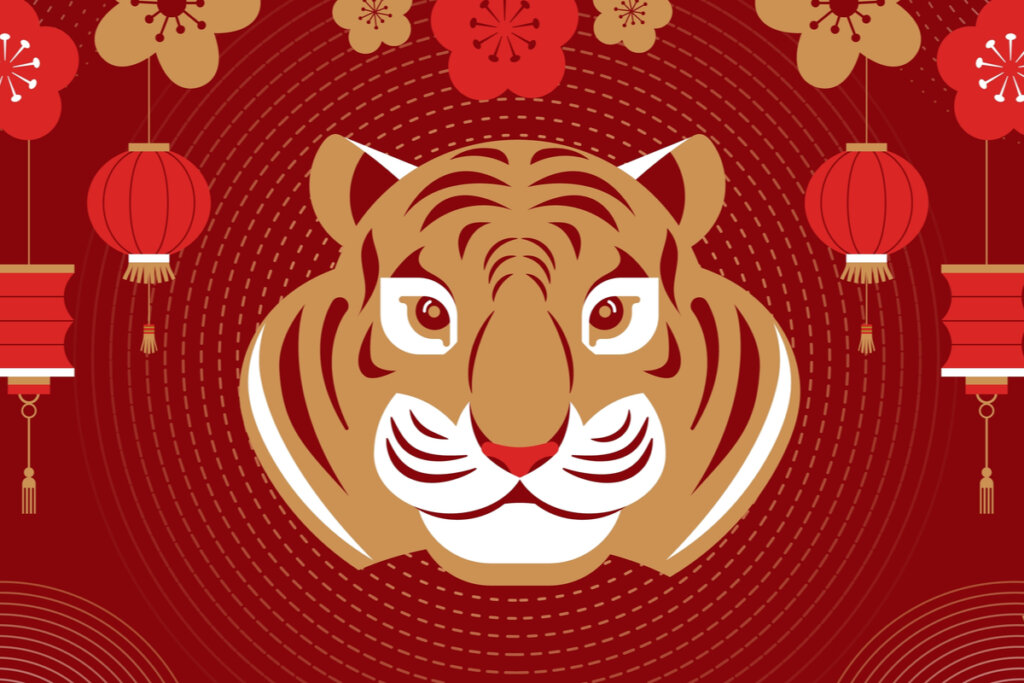 Ilustração de um tigre em um fundo vermelho