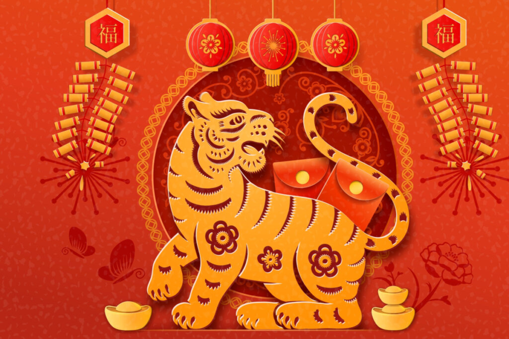 Ilustração de um tigre dourado em um fundo vermelho com detalhes dourado