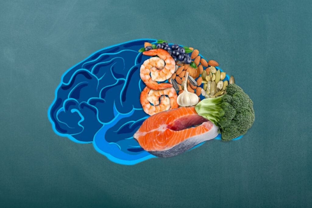 Ilustração de metade de um cérebro e a outra metade formada por alimentos 