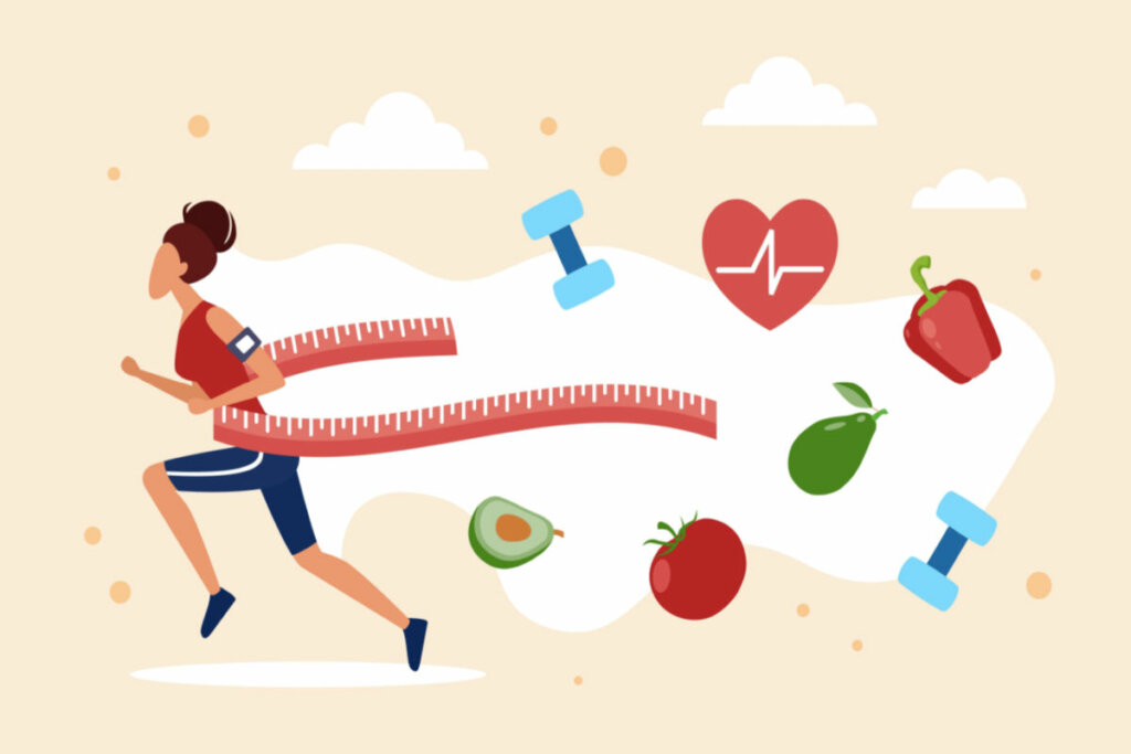Ilustração de mulher correndo com fita métrica na barriga e frutas e peso atrás dela
