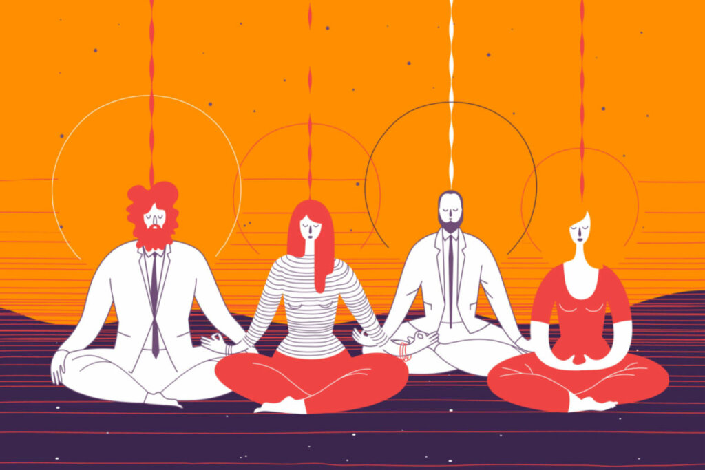 Ilustração de quatro pessoas meditando uma ao lado da outra. Desenho tem cores branca, roxa, laranja e vermelho