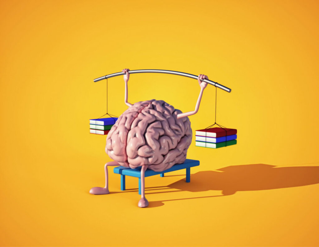 Ilustração de um cérebro rosa sentado em um banco azul, segurando um peso de livros