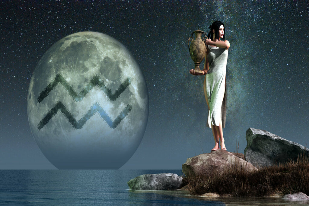 Ilustração do signo de Aquário dentro de uma lua com mulher ao lado em cima de uma pedra e segurando um vaso