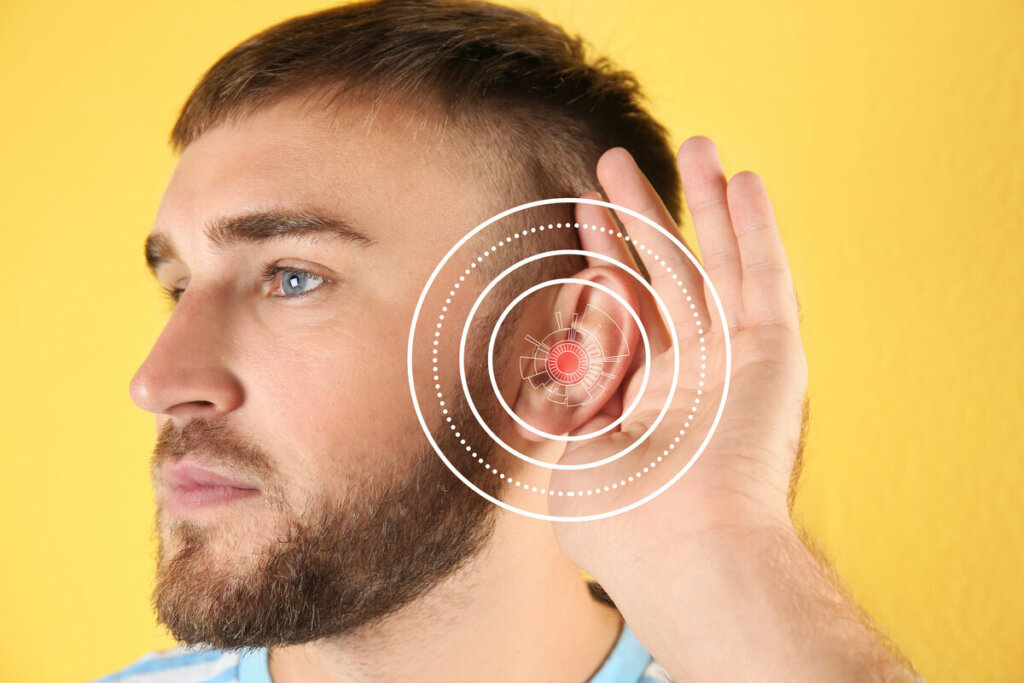Homem com a mão no ouvido com um ilustração de ruído