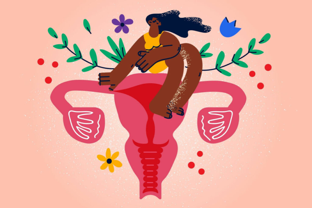 Ilustração colorida de útero com mulher em cima e flores