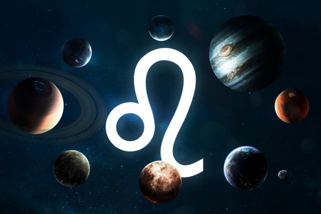 Símbolo do signo de Leão com planetas em volta