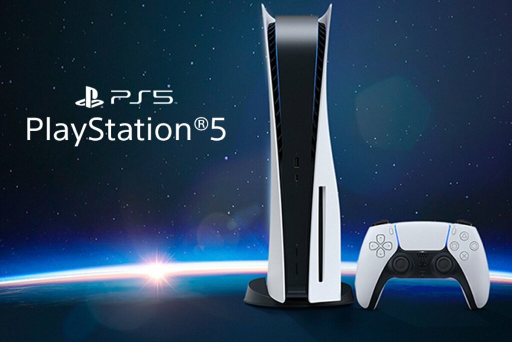 Playstation 5 em frente a um fundo de céu estrelado