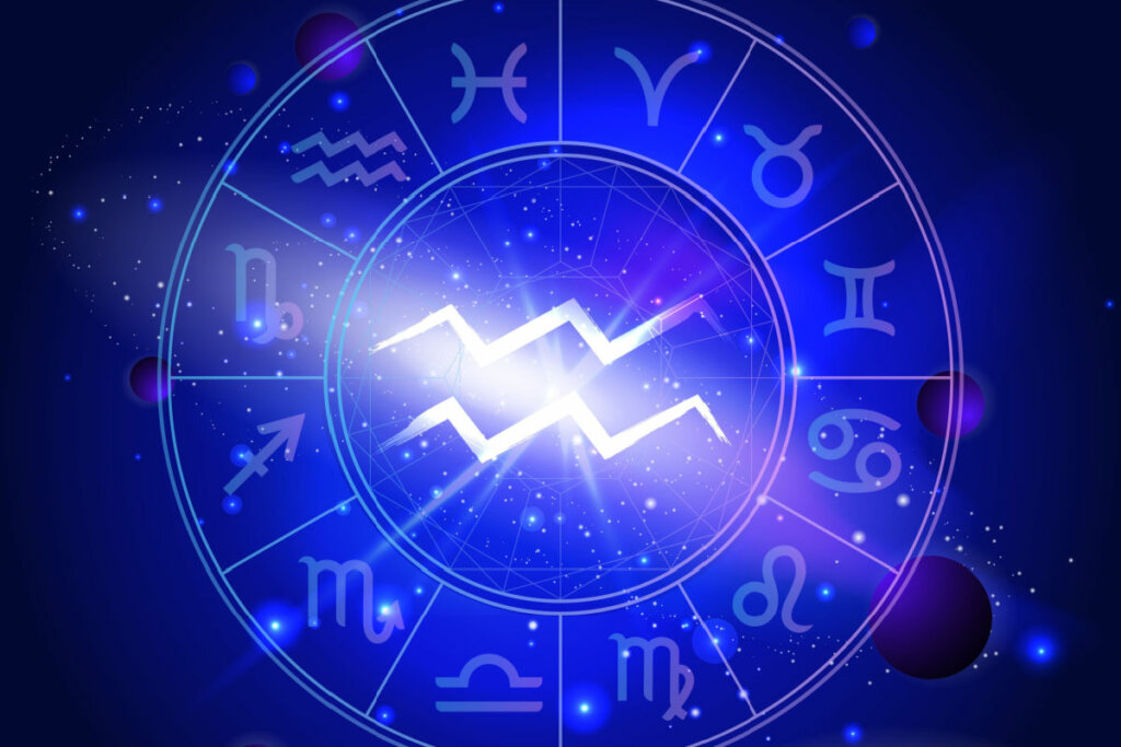 Ilustração do signo de Aquário dentro de um circulo com os 12 signos do zodíaco