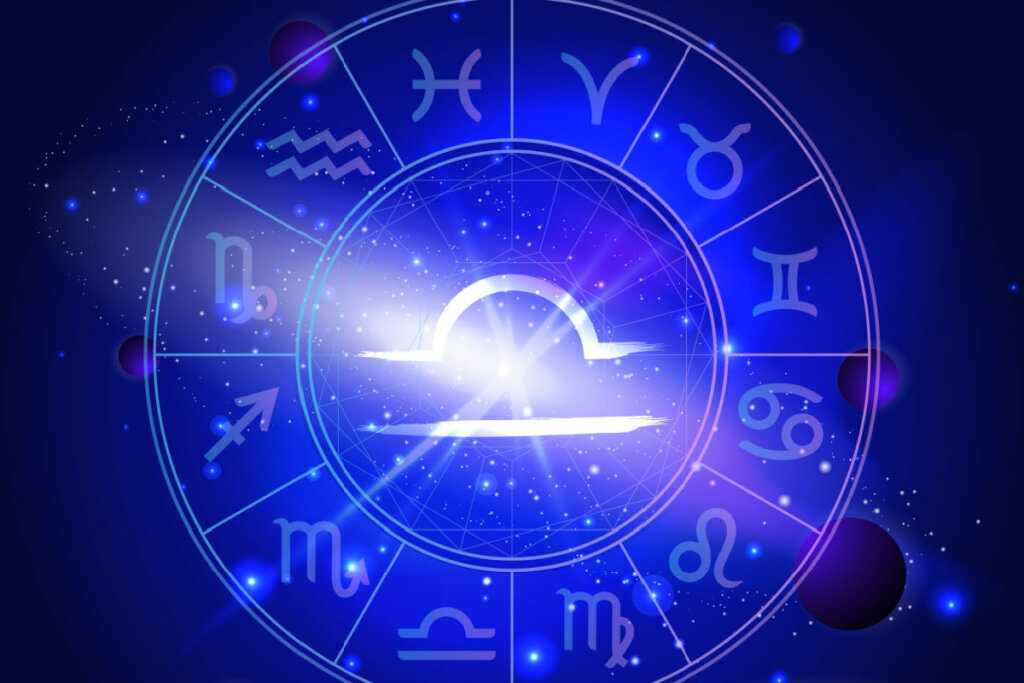 Ilustração do signo de Libra dentro de um circulo com os 12 signos do zodíaco 