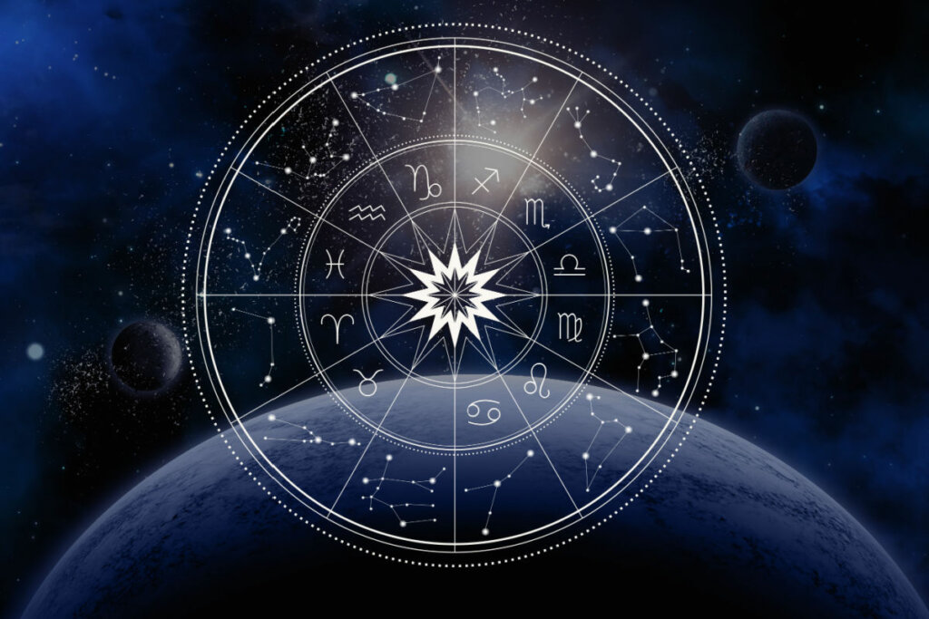 Ilustração de um circulo com os 12 signos do zodíaco