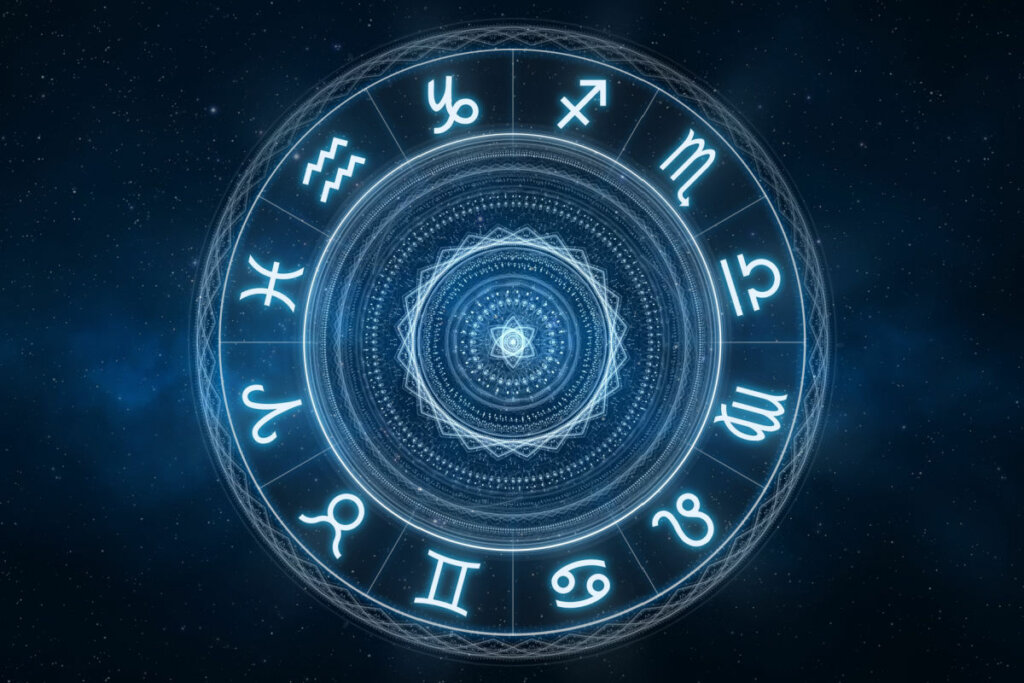 Ilustração dos 12 signos do zodiaco dentro de um circulo em um céu estrelado