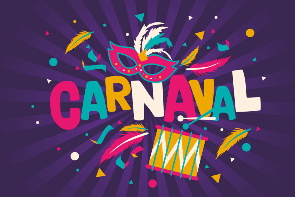 Ilustração com a palavra "carnaval", máscara, confete e tambor