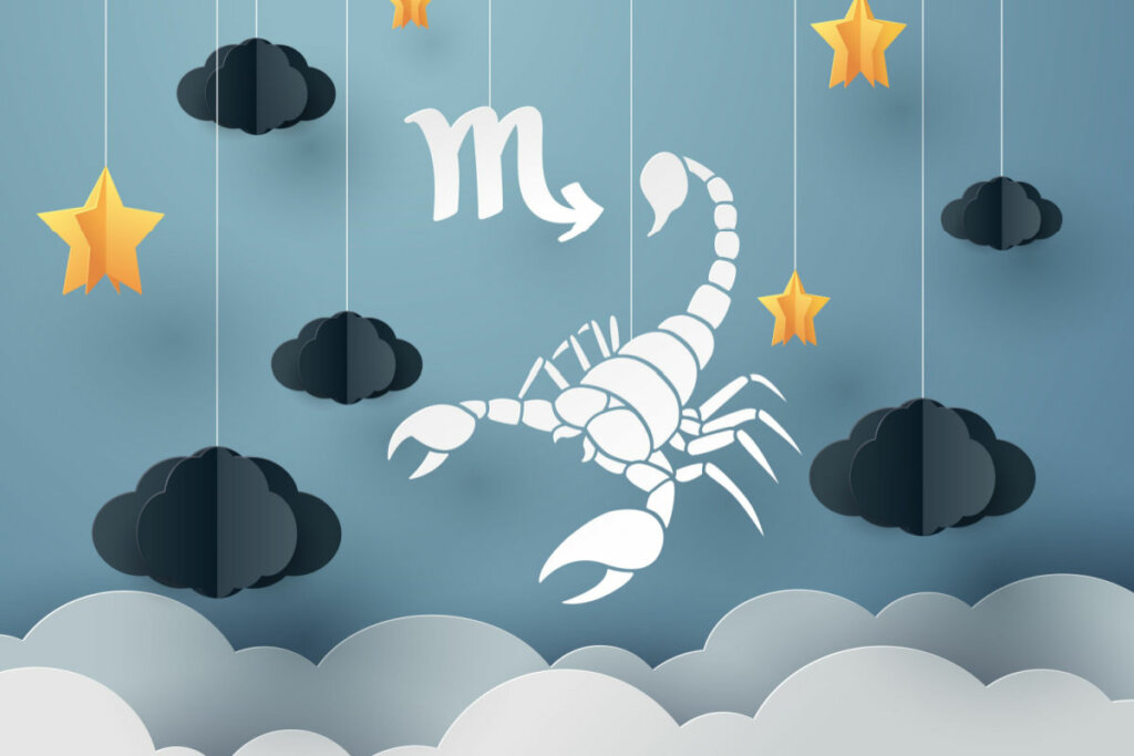 Ilustração do signo de Escorpião com estrelas e nuvens