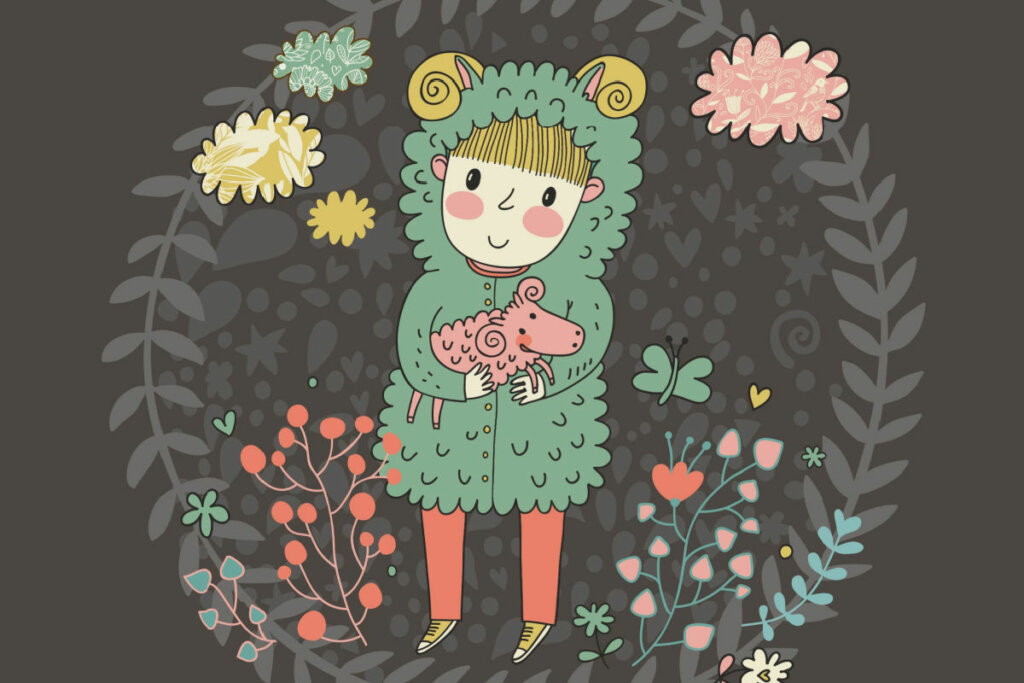 Ilustração de uma menina representando o signo de áries com flores em volta