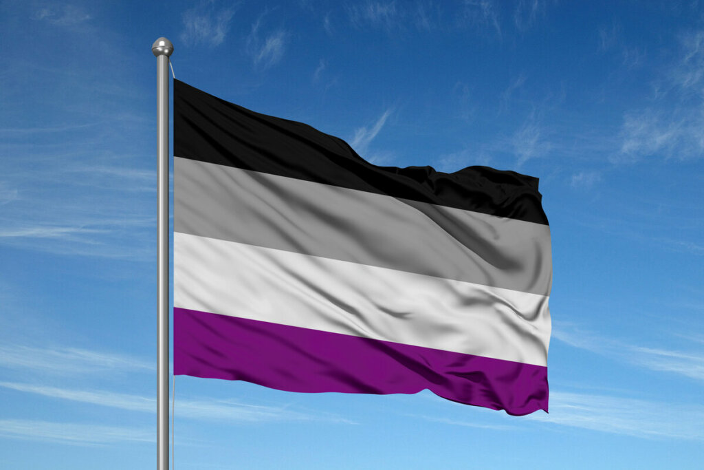 Bandeira com linha preta, cinza, branca e roxa pendurada em um mastro