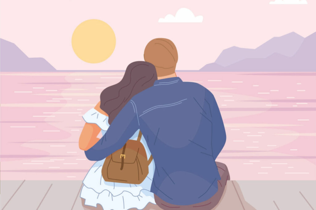 Ilustração de casal abraçado olhando para a água com sol ao fundo