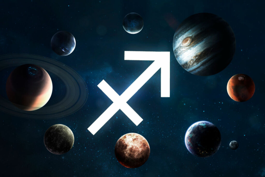 Símbolo do signo de Sagitário com planetas em volta