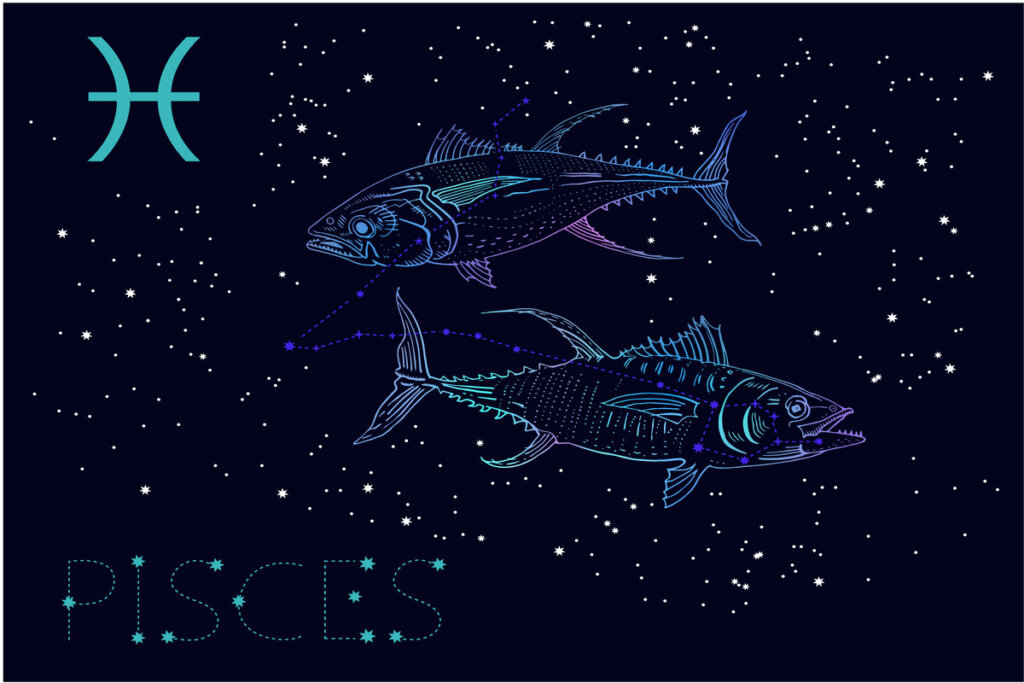 Ilustração do signo de Peixes em um céu estrelado