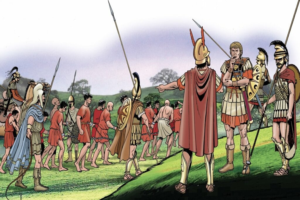 Ilustração de soldados romanos em um campo 