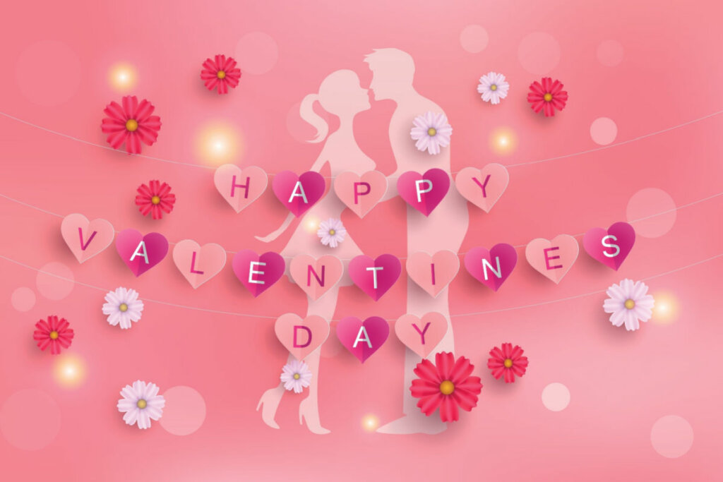 Ilustração de casal e corações escrito Happy Valentines Day