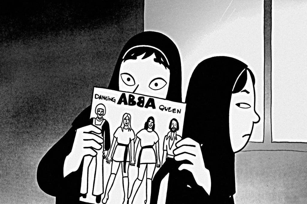 Em uma imagem animada, desenhada preta e branca, jovem iraniana com hijab segura o disco musical do grupo ABBA.