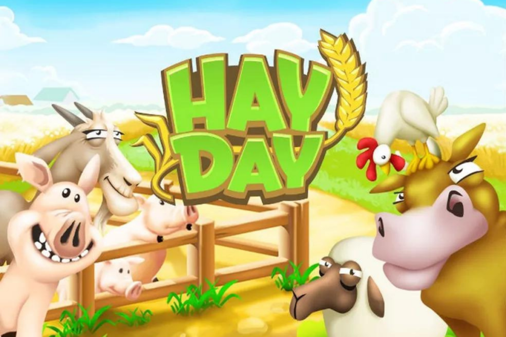 Imagem com o título "Hay Day" no centro e animais de fazenda em volta