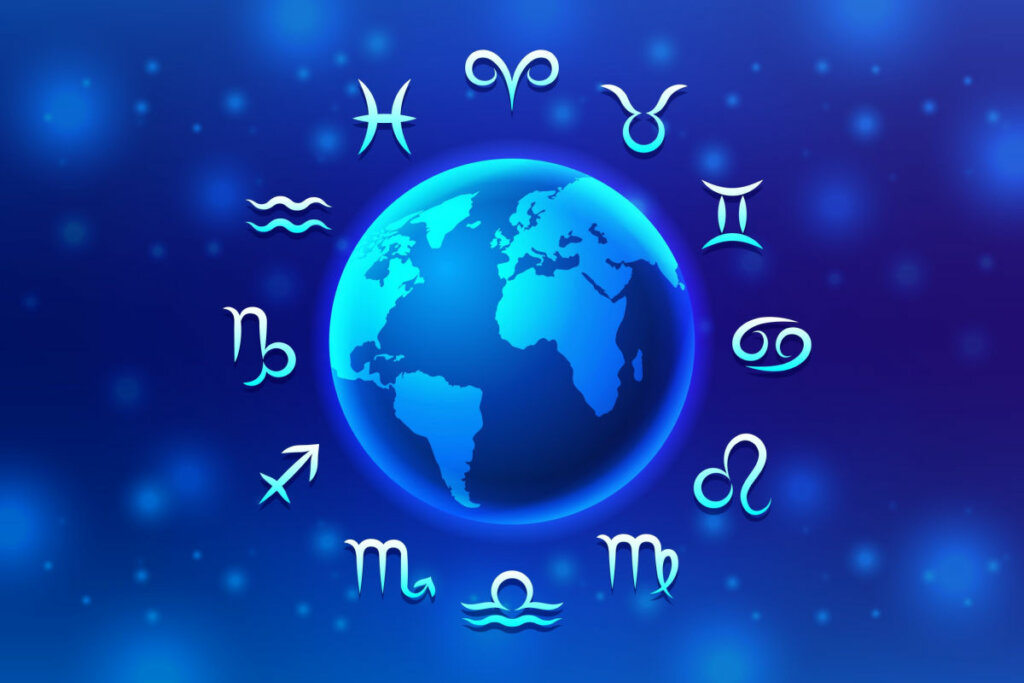 Ilustração do planeta Terra com os 12 signos do zodíaco ao redor