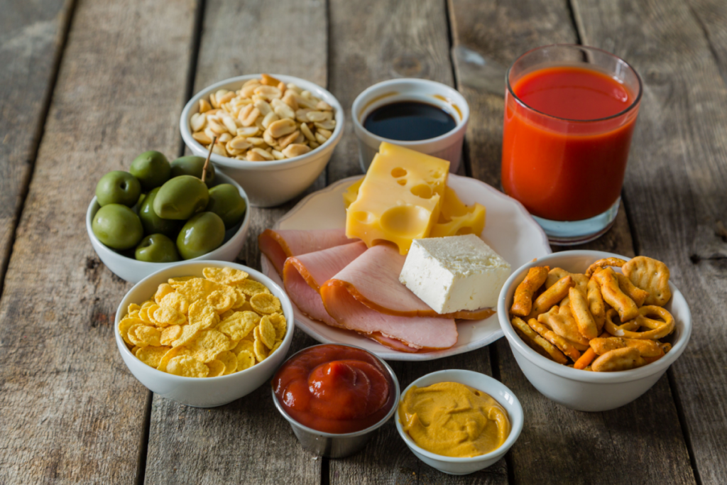 Alimentos ricos em sódio, como azeitona, queijo, ketchup, mostarda e outros