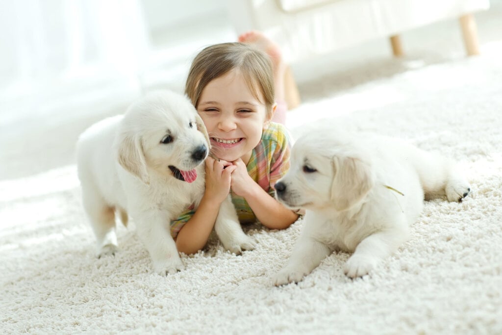 Menina feliz em casa com filhote de cachorro labrador