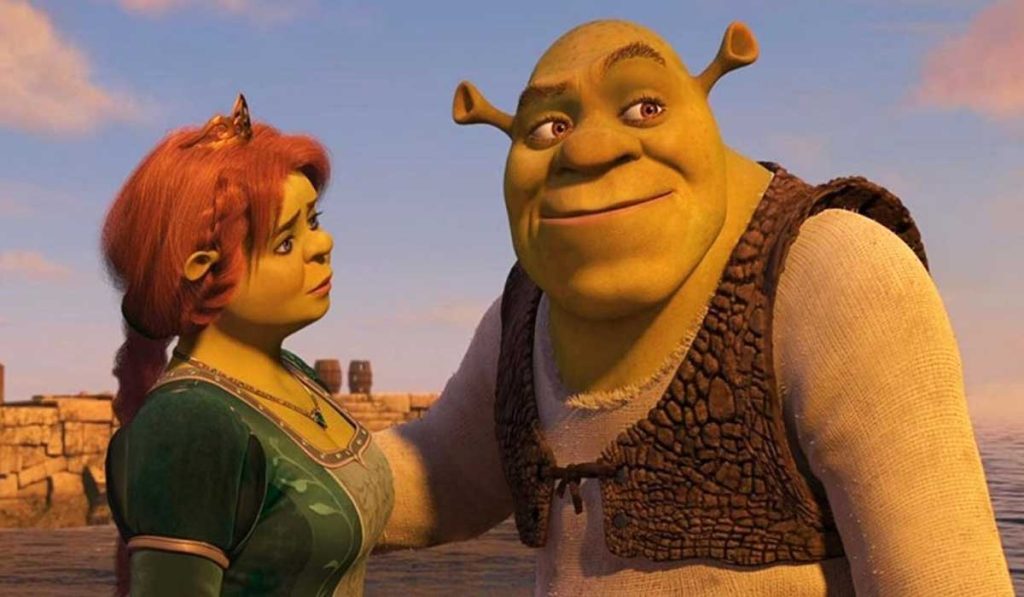 Cena do filme. Shrek ao lado de Fiona. 