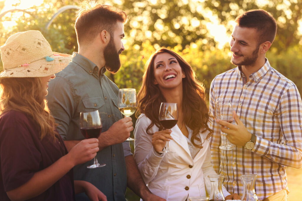 Pessoas sorrindo segurando taças com vinho em um parque