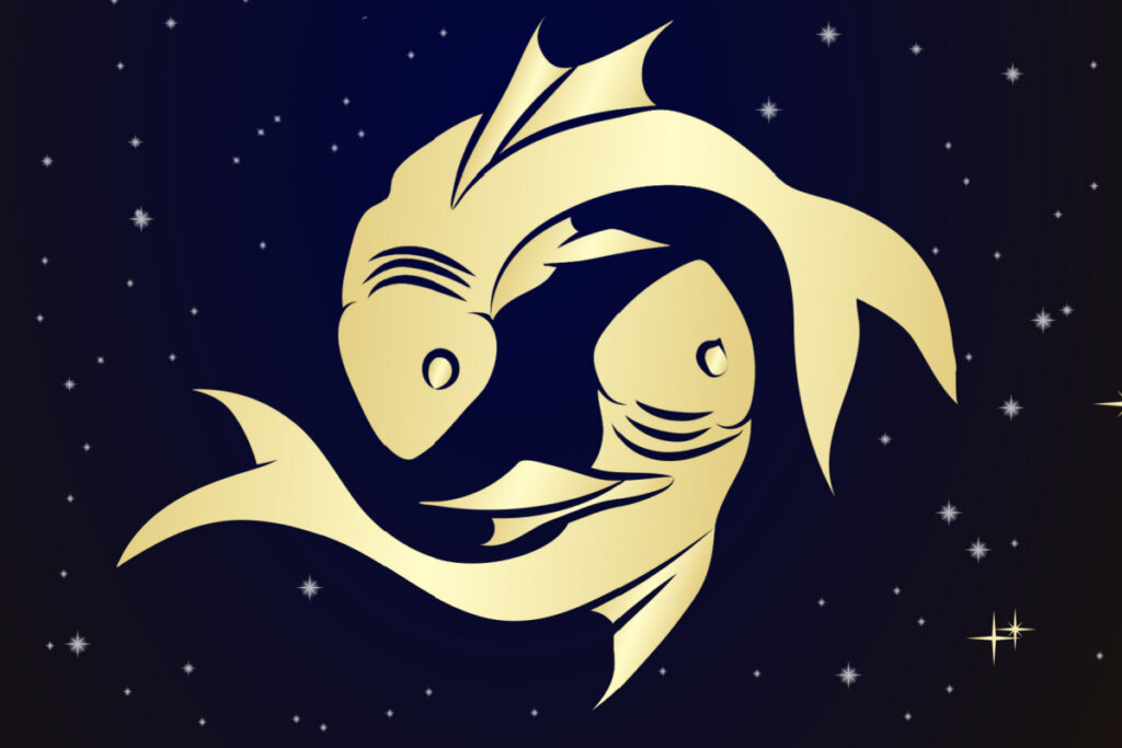 Ilustração do signo de Peixes com fundo estrelado