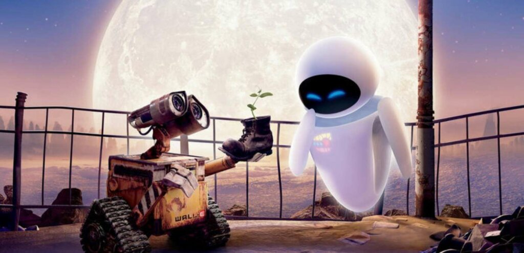 Cena do filme. Robô Wall-E entregando uma planta dentro de um sapato para Eva