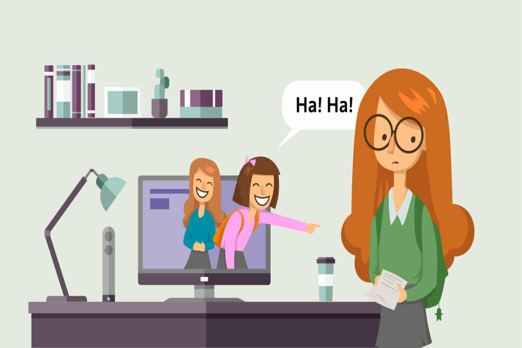 Ilustração de duas meninas em uma tela de computador dando risada de uma mulher 