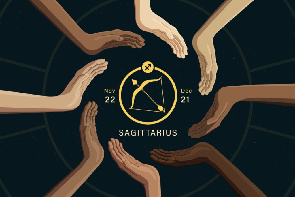 Símbolo do signo de Sagitário com mãos ao redor
