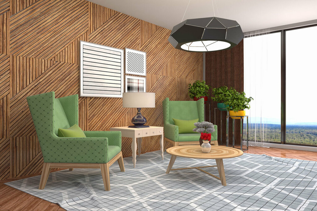 Sala de estar com parede de madeira, poltronas verdes e luminária preta