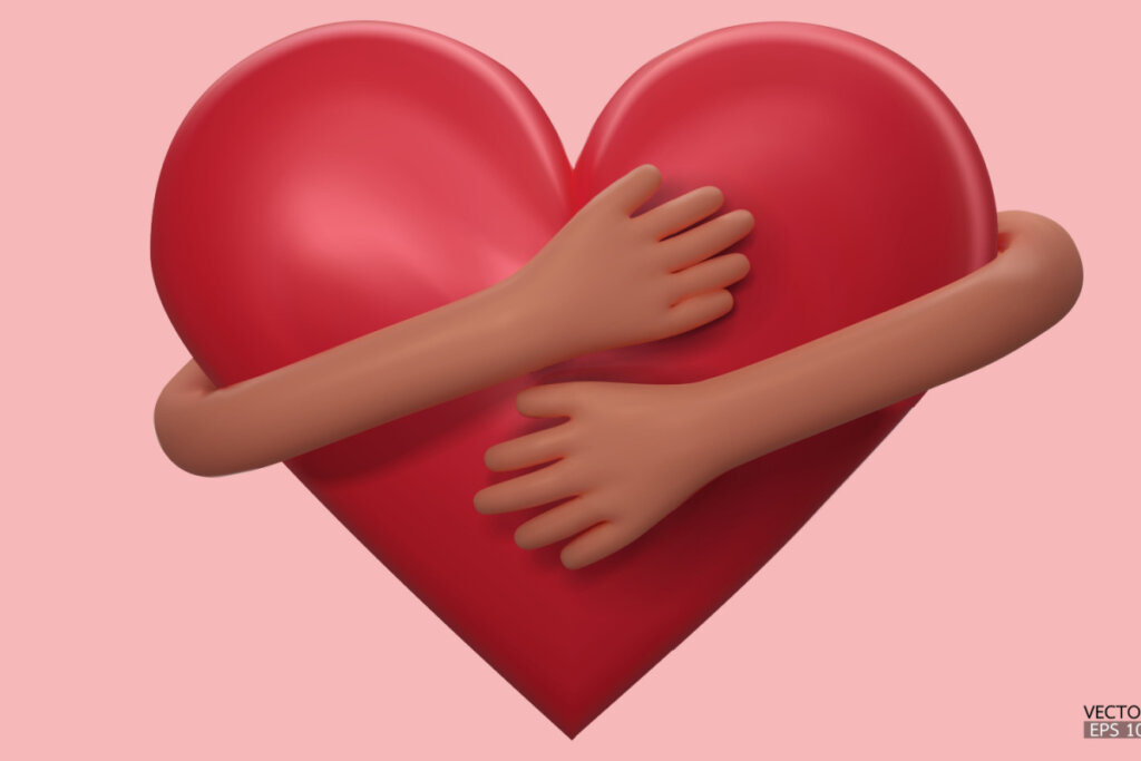 Mãos 3D abraçando um coração vermelho