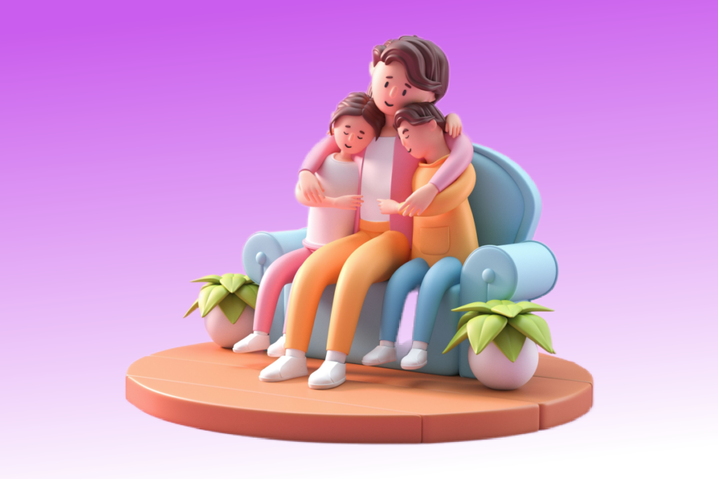 Ilustração 3D de uma mãe abraçada com seus filhos