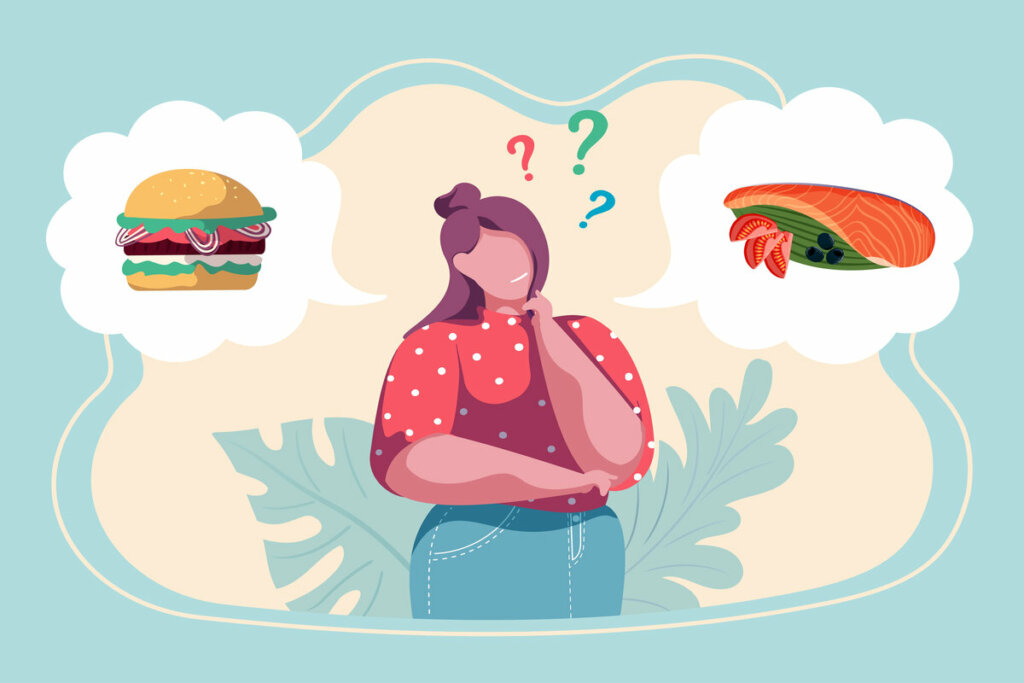 Ilustração de uma mulher decidindo entre um hambúrguer e peixe 