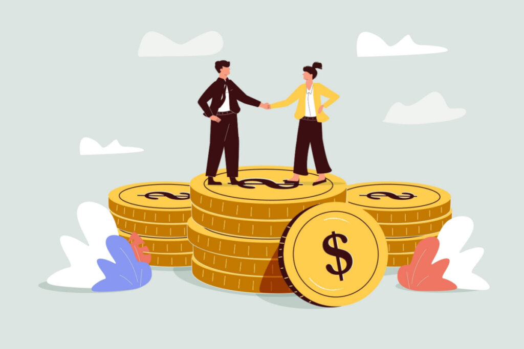 Imagem vetorial de homem e mulher, dois profissionais dando um aperto de mão em cima de uma pilha de dinheiro 