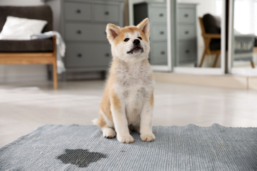 Cachorrinho akita ao lado de um tapete molhado de xixi