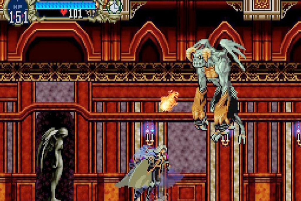Imagens do jogo Castlevania: Symphony of the Night, com criatura cuspindo fogo em personagem com capa