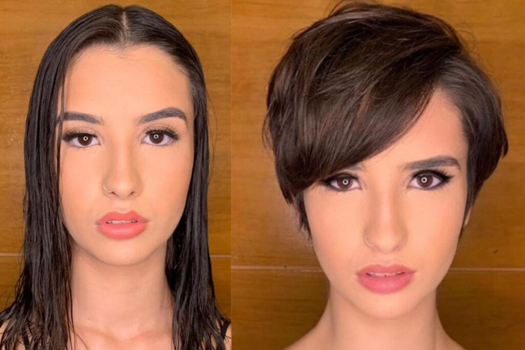 Antes e depois de cabelo mulher com cabelo comprido e curto, com tom chocolate brown 